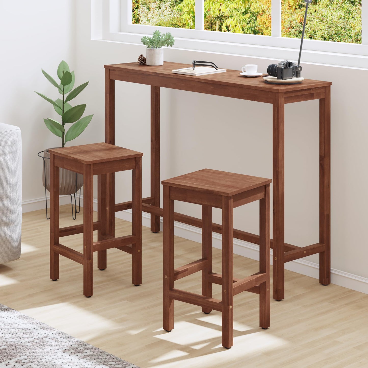 Cozyman Bar Table and Chairs Set, 53" Dining Table Set with 2 Stools, Kitchen Bar Height Table with Stools of 2, Space Saving for Living Room, Brown