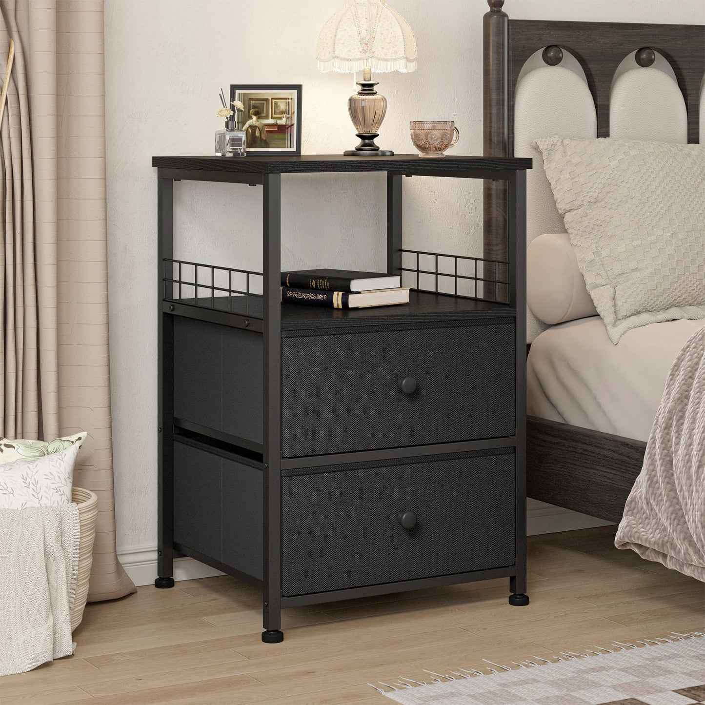 Nightstand Set of 2, 17.8"W Bedside Table with Fabric Drawers and Open Wood Shelf Storage, Safety Netting on Both Sides of Bedside Table,Night Stand for Bedroom,Closet, Hallway, Dorm,Black and Gray