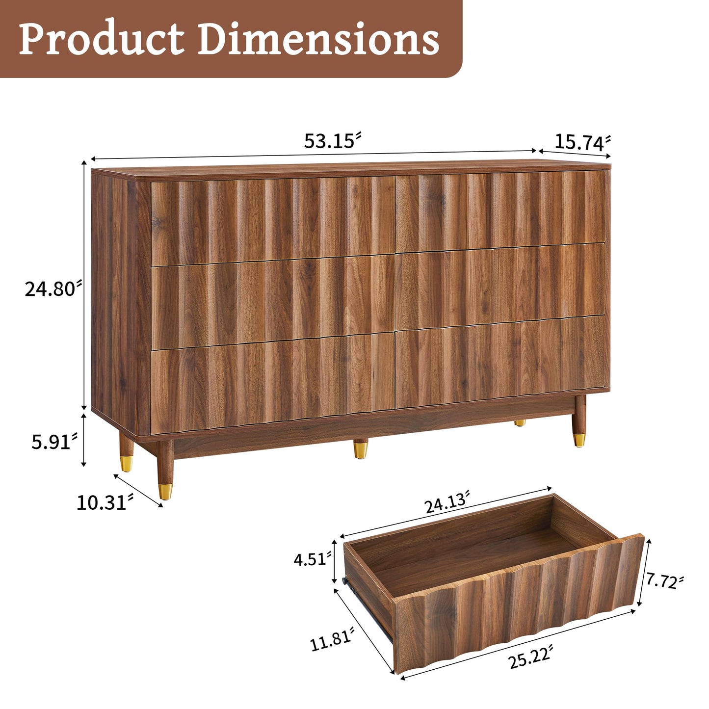 Caspellaire Fluted 6 Drawer Dresser, 53" Wide Modern Chest of Drawer, Dresser TV Stand,Wood Drawer Organizer for Bedroom, Living Room, Hallway
