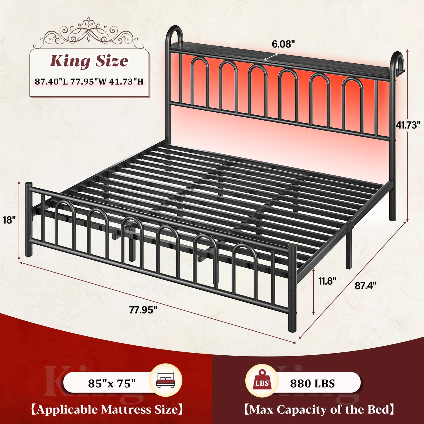 Homkdom King Size Bed Frame Metal Platform Bed Frame/Victorian Headboard/LED Light/Sturdy Mattress Foundation with Under Bed Storage/No Box Spring Needed/Noise-Free/Easy Assembly, Black