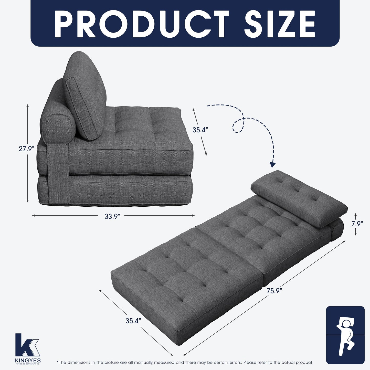 KINGYES Folding Sofa Bed, Convertible Sleeper Chair with Pillow for Adults, Foldable Single Futon Chair Floor Sofa Lounge for Living Room, Grey