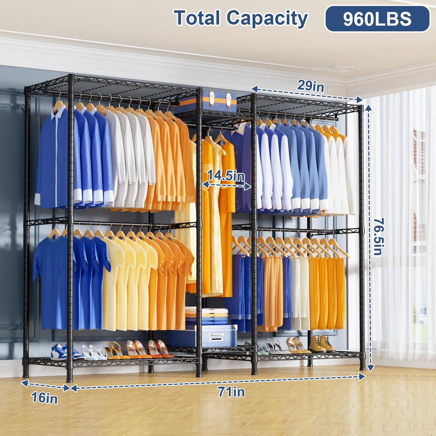 Ulif E12 Clothes Rack,Heavy Duty Freestanding Garment Rack with Shelves,Metal Clothing Closet Storage System for Hanging Clothes,71" W x 16" D x 76.5" H, Hold 960 lbs,Black