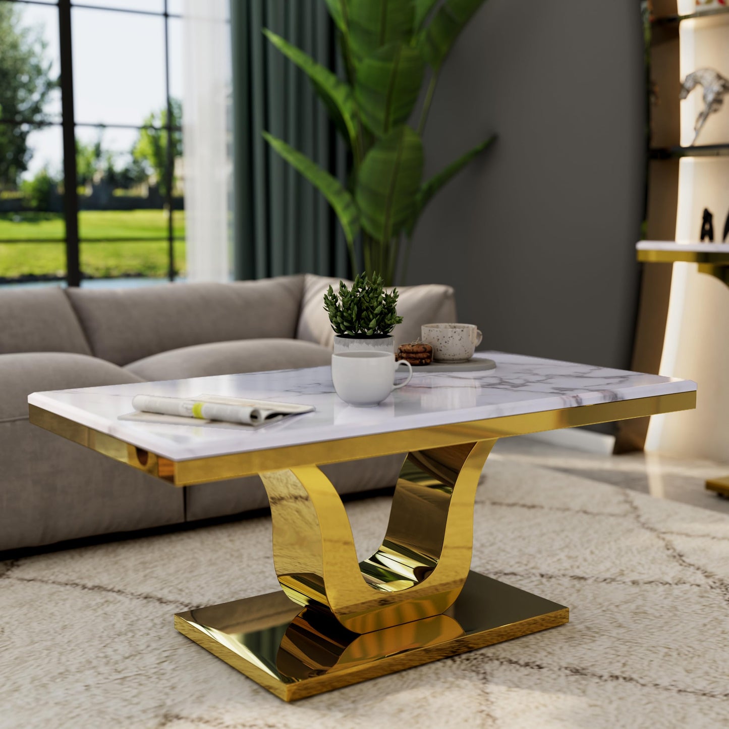 Anewsun Gold Coffee Table, White and Gold Rectangle Living Room Tea Table, Glam 48 inch Coffee Table for Living Room, Guest Hall, Reception Room