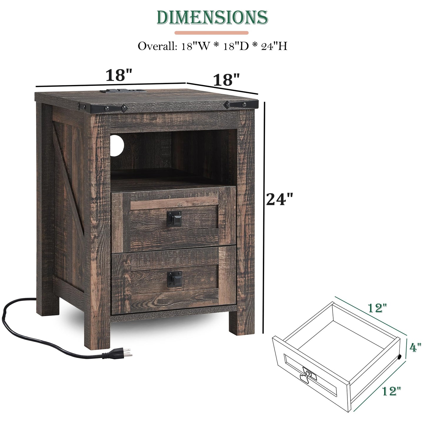 RedLemon Farmhouse Nightstand with Charging Station, Rustic 18 Inch End Table with 2 Storage Drawers and Open Shelf, Wood Sofa Side Table for Bedroom, Living Room (Dark Rustic Oak)