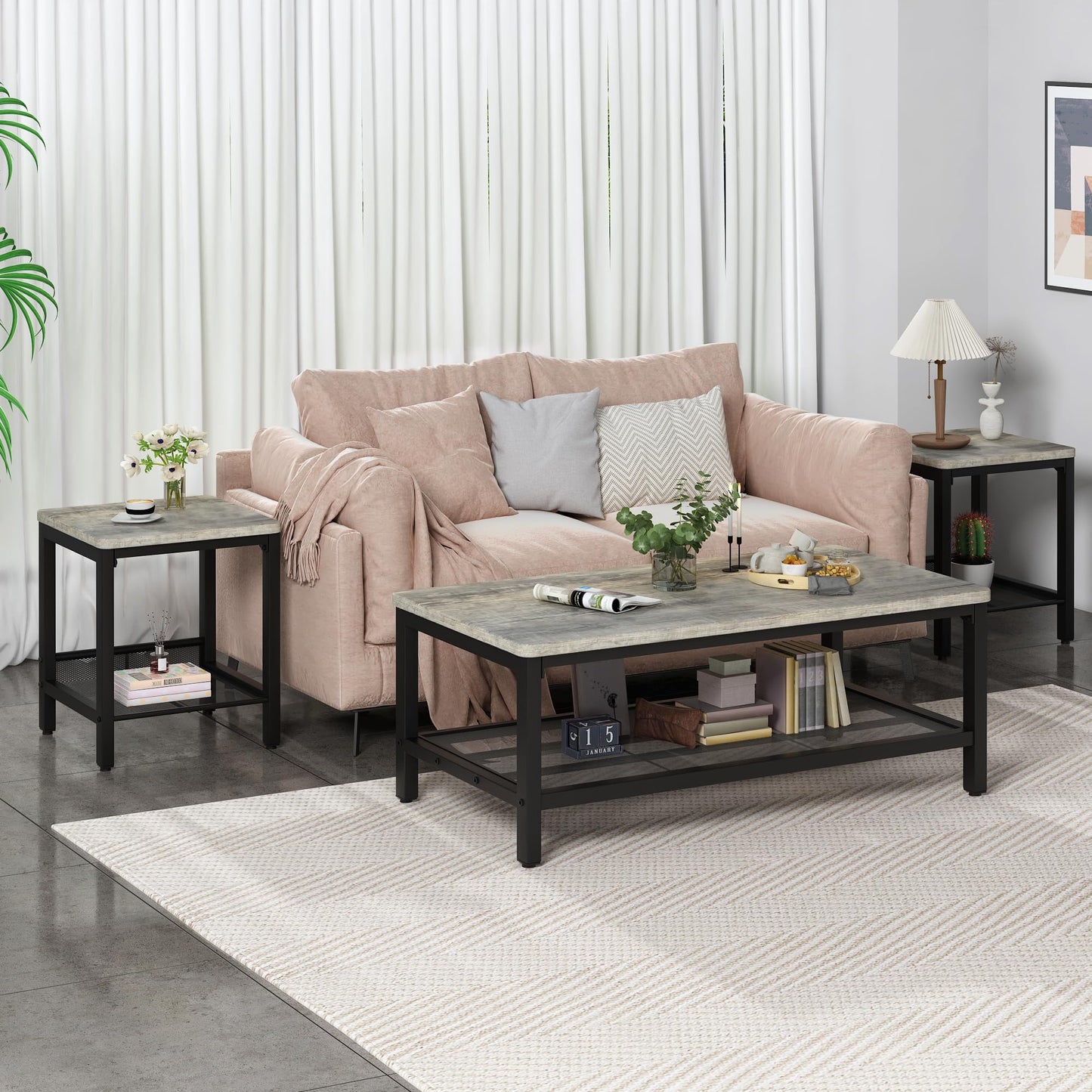 AWQM Coffee Table Set of 3, Industrial Coffee Table with 2 Square End Side Tables, Modern Living Room Table Set with Metal Frame for Apartment Home Office, Grey