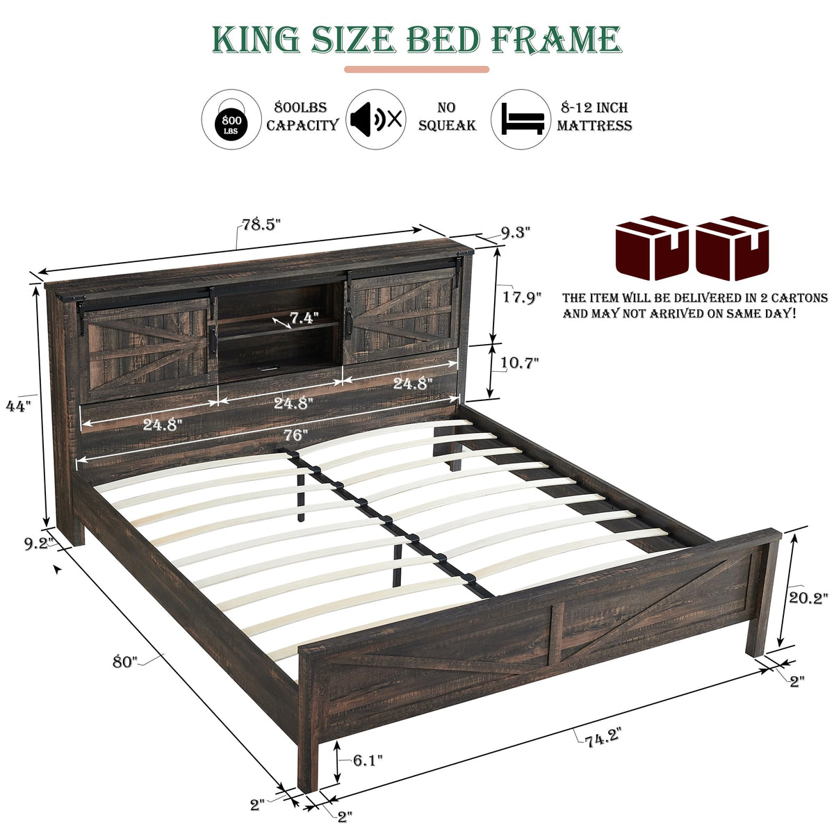 RedLemon Farmhouse King Size Bed Frame with Bookcase Headboard, Sliding Barn Door, Storage Cabinet, Charging Station, Wood Slats Support, No Box Spring Needed, Dark Rustic Oak