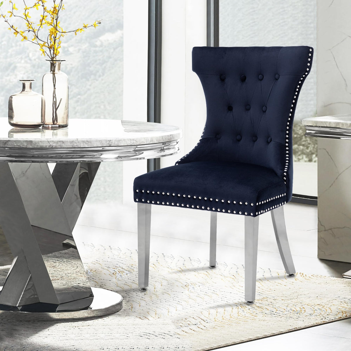 Creek Vista Velvet Dining Chairs Set of 2, Upholstered Dining Room Chair with Stainless Legs, Tufted Kitchen Chair with Button Back and Pull Ring, Dark Blue