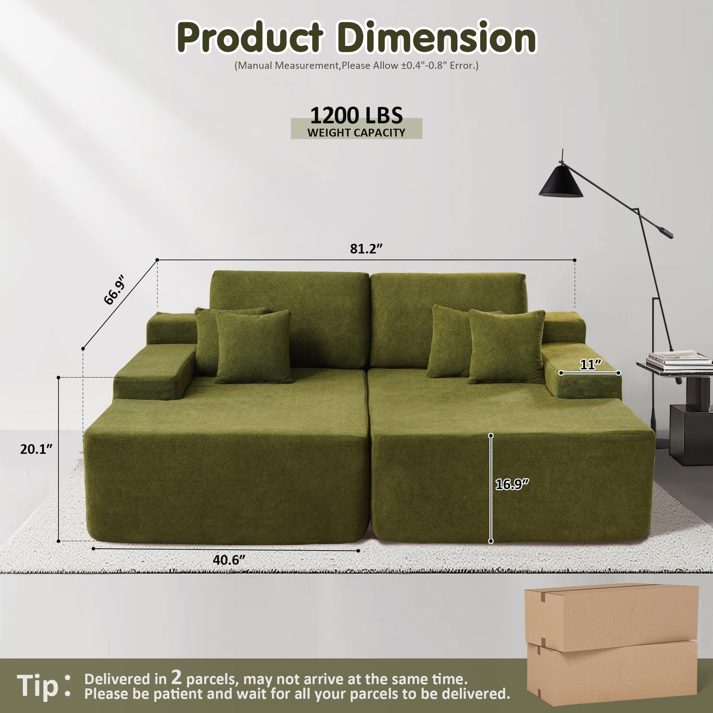 ovios 81" Oversized Sectional Double Lounge Chaise with Cloud Plush Sofa Bed, No Assembly Required, Fluffy Modern Sleeper Loveseat Chair for Indoor Living Room Bedroom Reading, Green (Cloud Velvet)