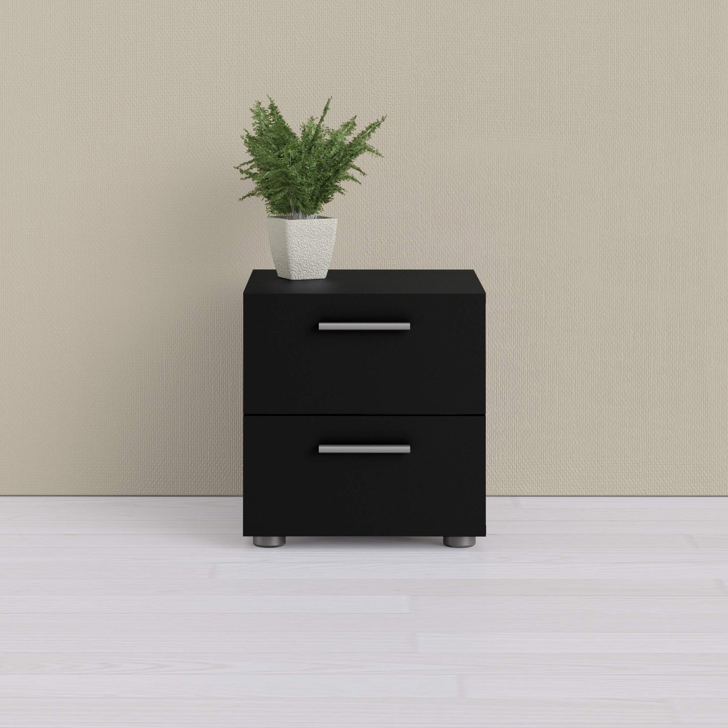 Tvilum, 2 Drawer Nightstand for Bedroom, Modern Silver Drawer Handles, Contemporary, Black
