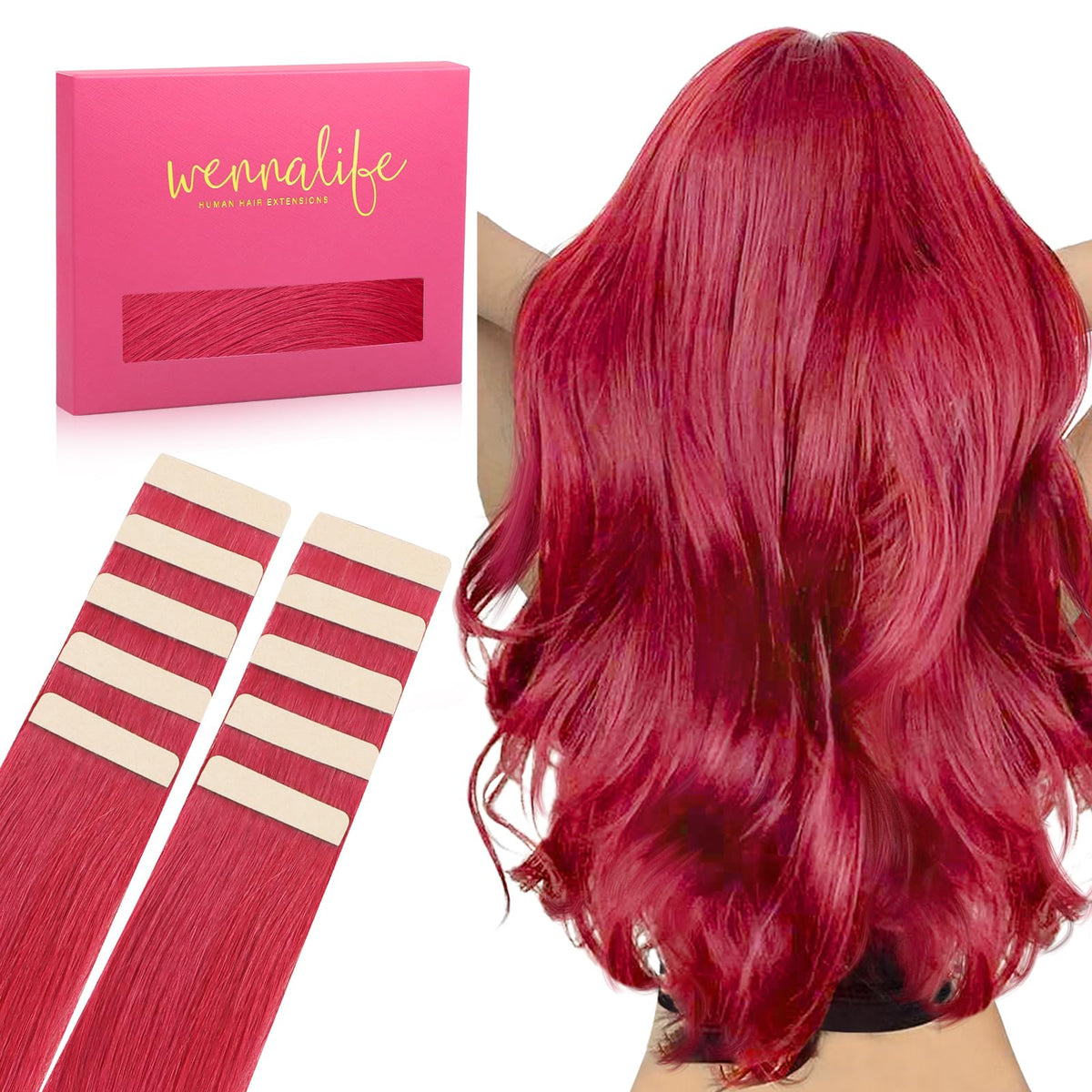 WENNALIFE Tape in Hair Extensions Human Hair Red Tape in Extensions, 10pcs 25g 14 inch Remy Invisible Tape Ins Straight Colored Soft Real Human Hair Tape in Extensions Refill Set Extensions