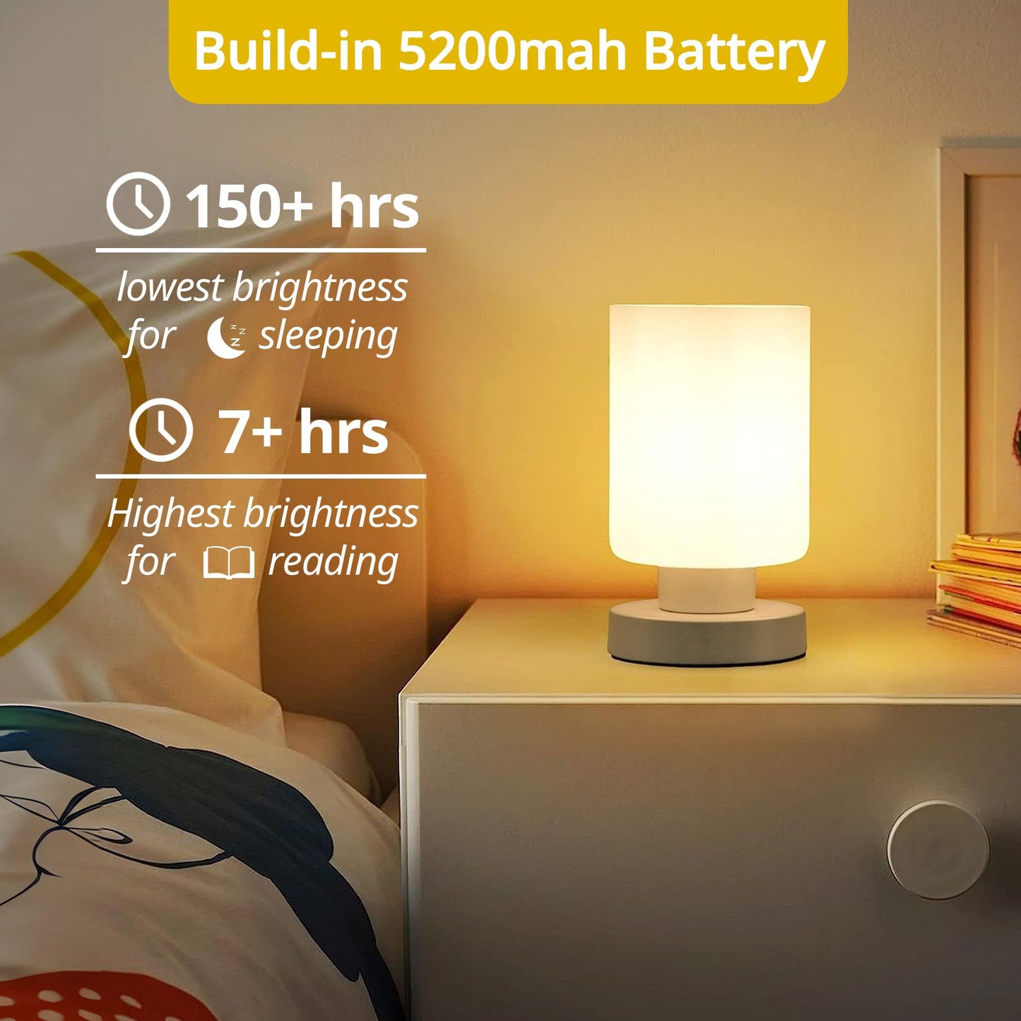 Wireless Rechargeable Bedside Table Lamps,5200mah Battery Operated, Stepless Dimming, Touch Lamps for Nightstand, 3000k Led Bulb, Simple Design