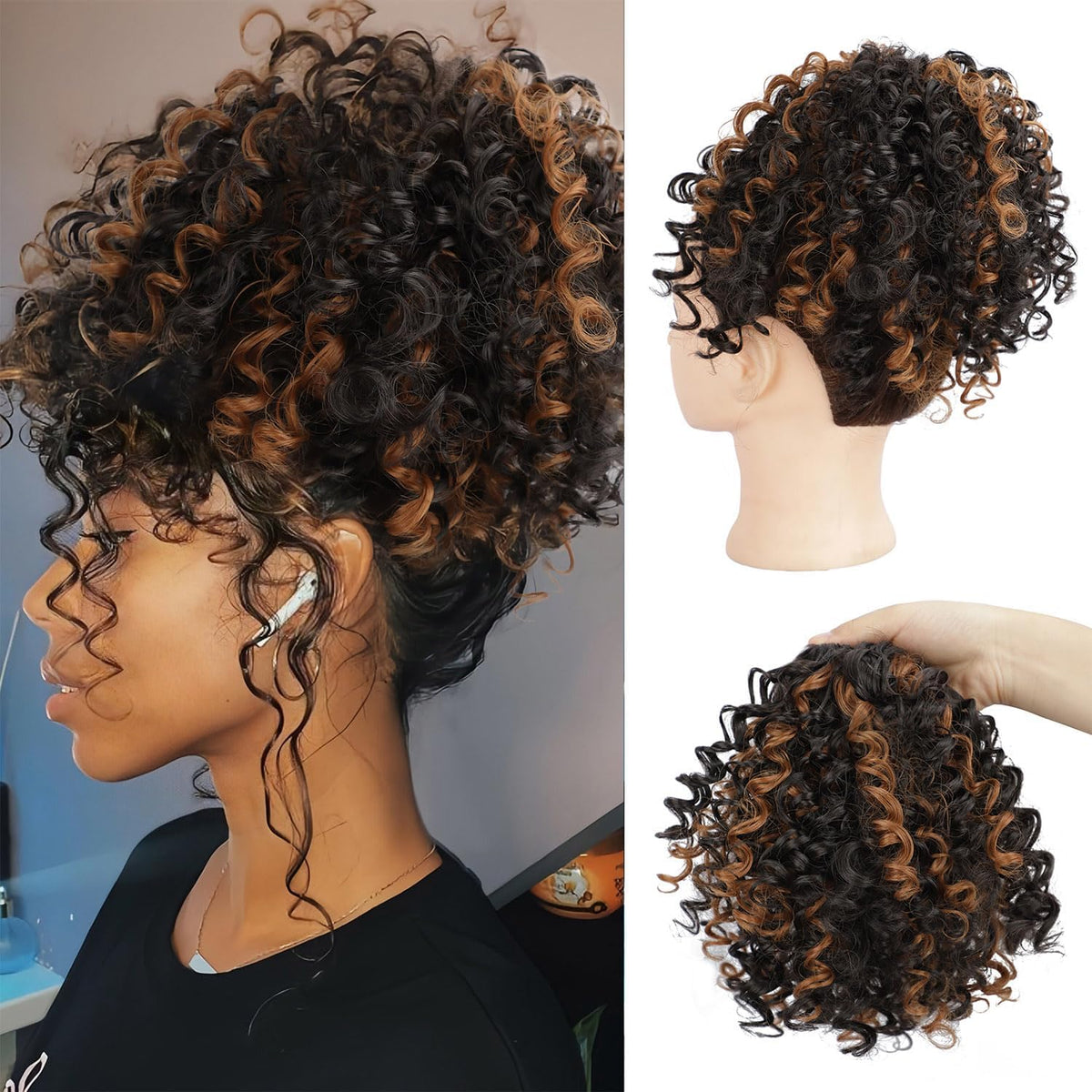 DOROJJ Curly Drawstring Ponytail Extension for Black Women Ponytail Extension Drawstring Ponytail Curly Hair Extensions for Women Short Ponytail for Black Women(Black with Caramel Brown)