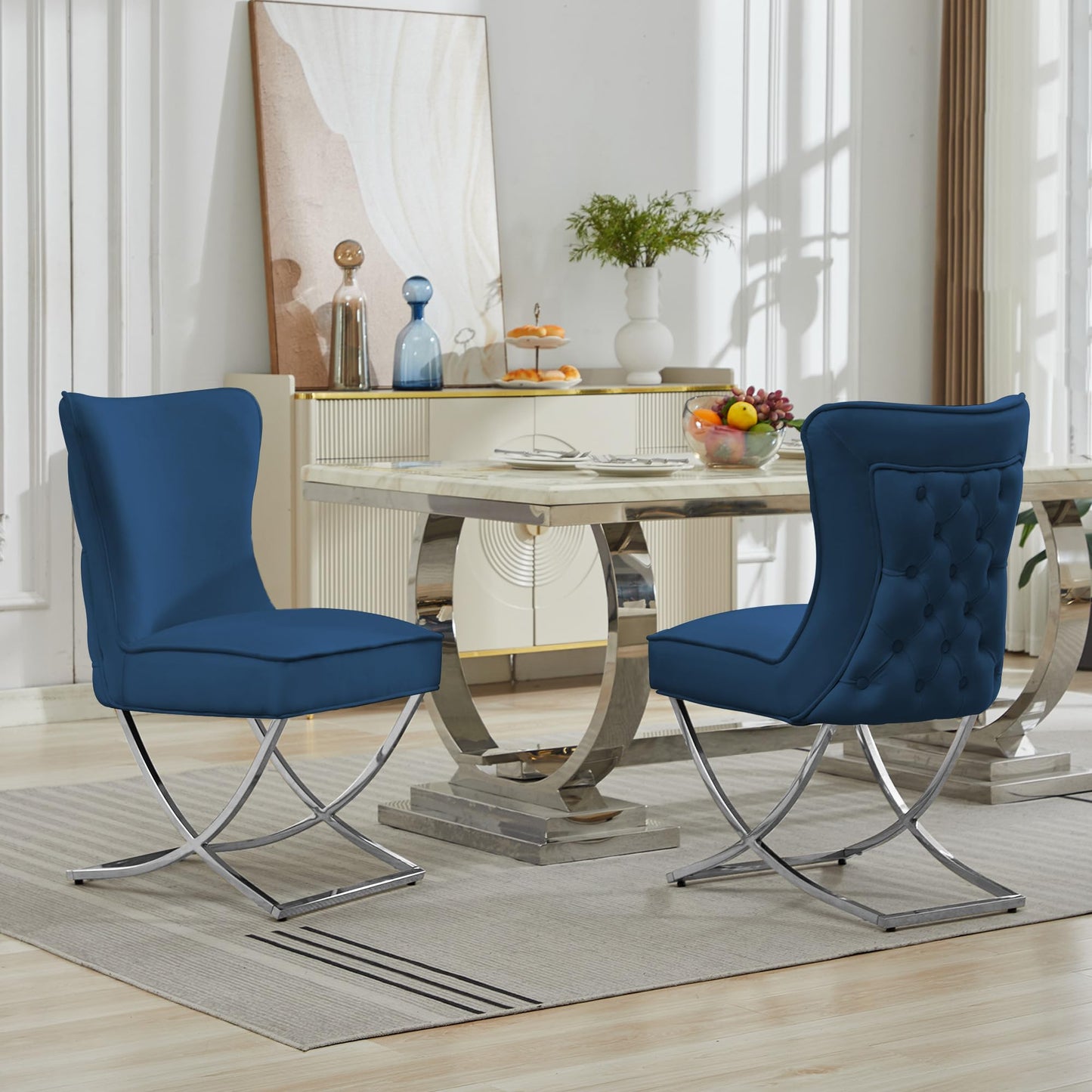 LOULENS Elegance Velvet Dining Chairs Set of 2, Luxurious Upholstered Tufted Dining Room Chairs, Glam Royal Velvet Accent Chairs with Stainless Steel Legs, Dark Blue