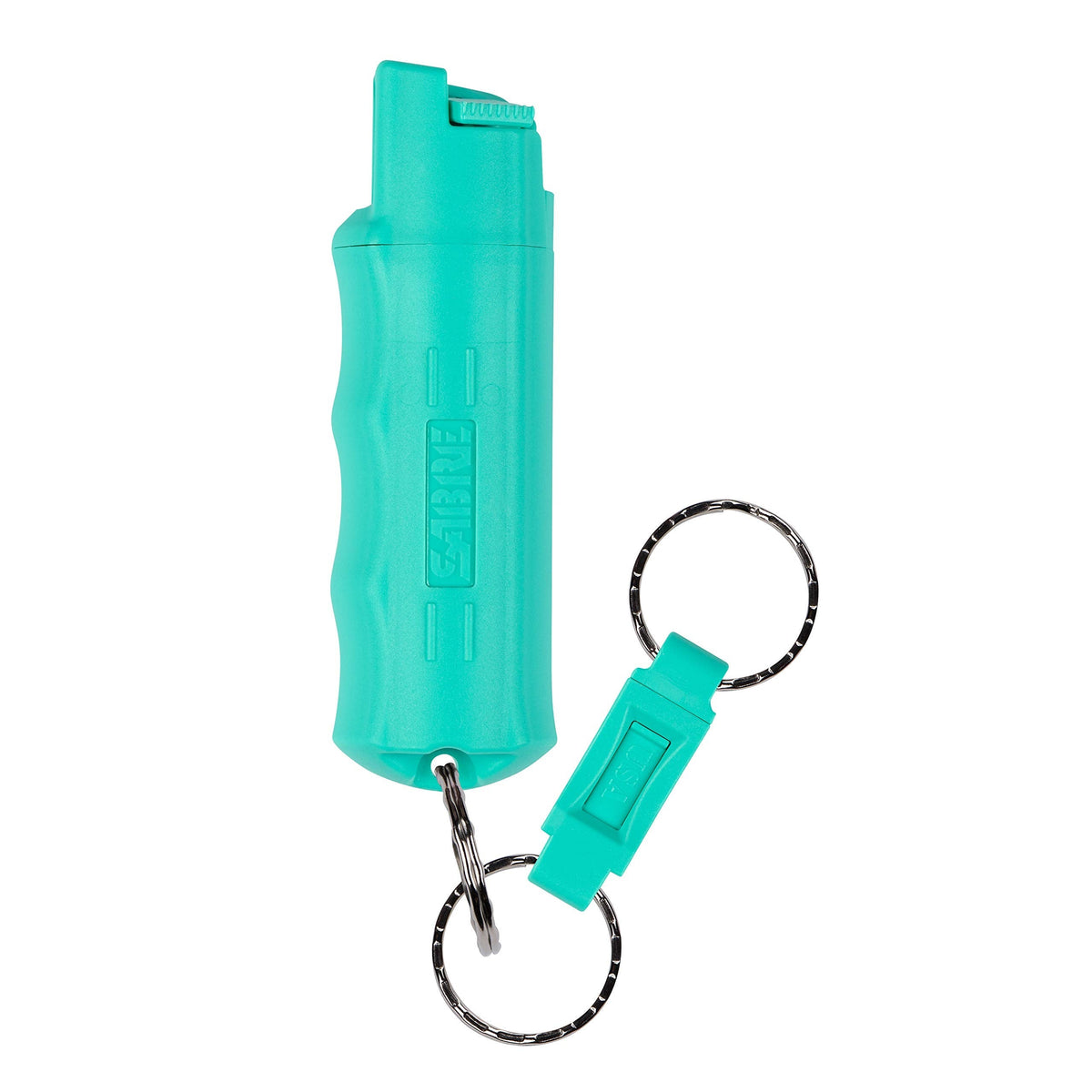 SABRE Self Defense Spray, 3-in-1 Formula Contains Max Strength Pepper Spray, CS Military Tear Gas & UV Marking Dye, Quick Release Easy Carry Key Ring, Finger Grip for Accurate Aim, Teal, 0.54 fl oz