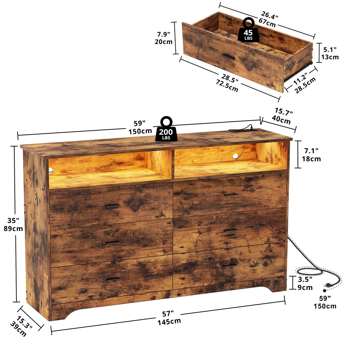 LIKIMIO 6 Drawer 59" Brown Dresser with LED and Power Strip, Dressers & Chests of Drawers with Storage Cabinet for Bedroom