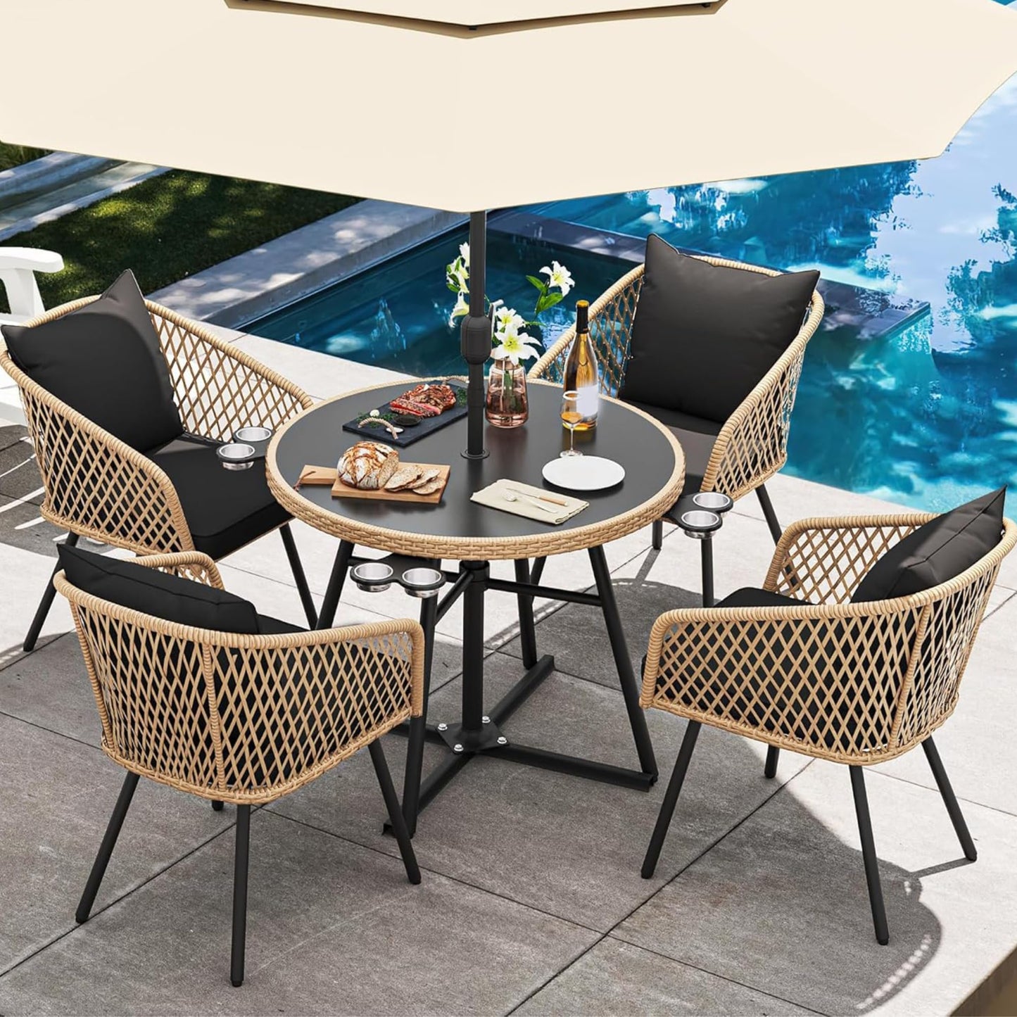 YITAHOME 5 Piece Outdoor Dining Set w/Padded Cushions, Round Patio Table and Chairs with 4 Rattan Chairs, Glass Top Dining Table & Cup Holders for Patio, Backyard, Garden, Porch, Light Brown & Black