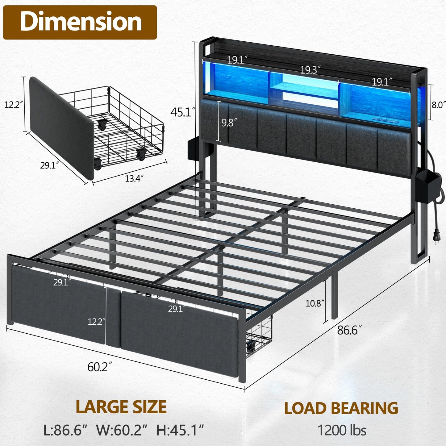 Furnulem Queen Bed Frame with Storage Drawers, Upholstered Headboard with Storage Shelf, LED Lights and Charging Station, Metal Platform Bed Frame Queen Size, Noise Free, No Box Spring Needed, Black