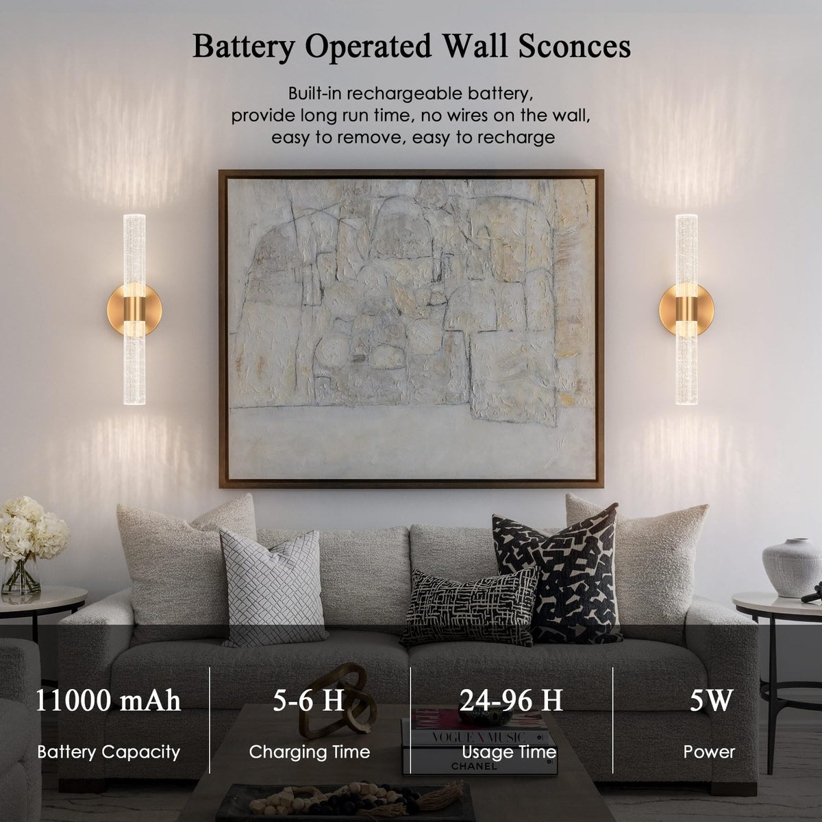 Gold Battery Operated Wall Sconce Set of 2, 3000-6000K LED Dimmable Wireless Sconces Wall Lighting with Remote, 15.7" Crystal Rechargeable Cordless Wall Lights for Bedroom, Living Room, Hallway