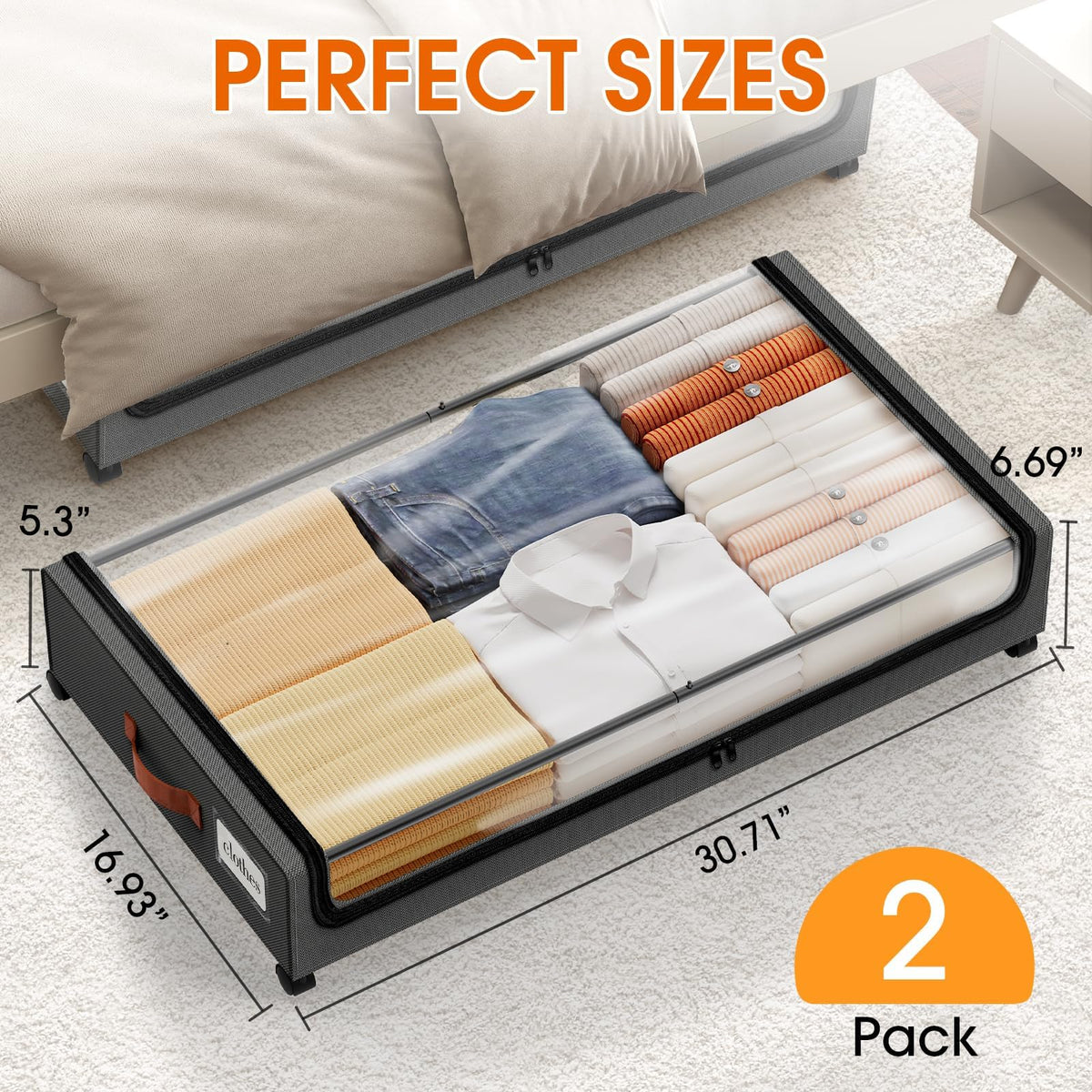 SpaceHacks Under Bed Storage with Wheels 2Pack Storage Containers with Clear Window&Label Under Bed Drawers Rolling Under Bed Storage for Clothes,Shoes, Blankets (30.71 x 16.93 x 6.69 in, Dark Grey)