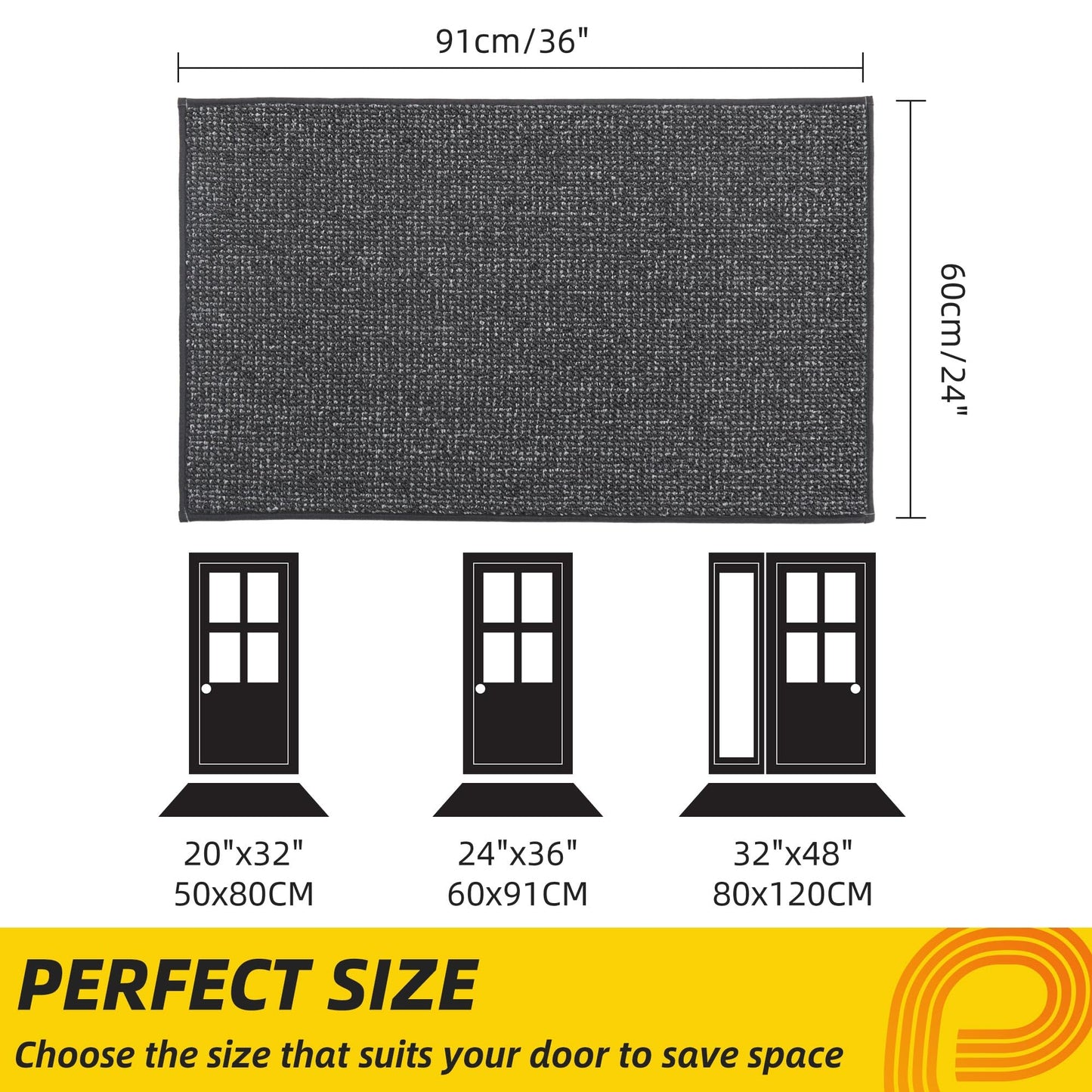 JSEI Dirt Trapper Door Mat 24"x36" Non-Slip Washable Entrance Mat, Dog Doormats, Absorbent & Fade-Resistant Floor Mats, Low Profile Welcome Mats for Entryway, Front Door, and Inside Entrance,Dark Grey