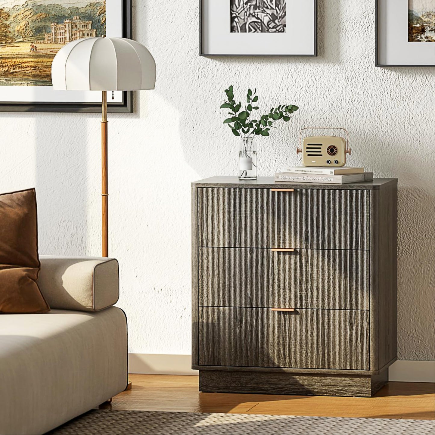 ECOTINY Mid Century Modern 3 Drawer Dresser, Fluted Wood Chest with Round Edge Design, Shallow Bedroom Storage for Closet, Living Room(Charcoal Oak)