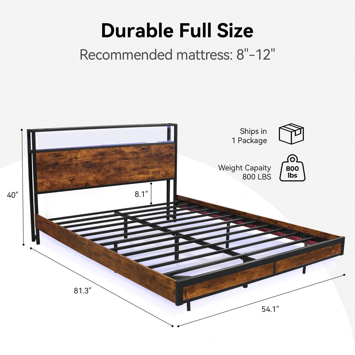 BedsPick Full Size Bed Frame with 2-Tier Storage Headboard, Sturdy Metal Platform Bed Frame with Charging Station & LED Lights, Noise-Free/Metal Support/No Box Spring Needed, Rustic Brown