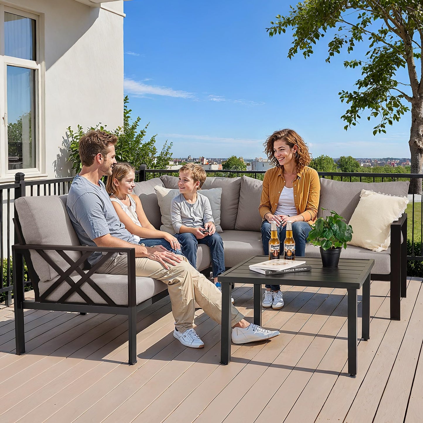 Patio Furniture Set, 6-piece Metal Sectional Furniture Sofa with Coffee Table, L Shaped Outdoor Couch with Olefin Cushion, Highback Frame, Outdoor Patio Conversation Sets for Balcony Backyard, Grey