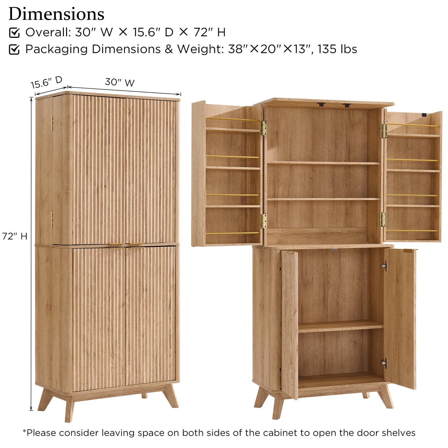 OKD Fluted Kitchen Pantry, 72" Tall Mid Century Modern Storage Cabinet with Adjustable Shelves & Door Organizer, Wood Cabinet for Kitchen, Living Room, Natural Oak