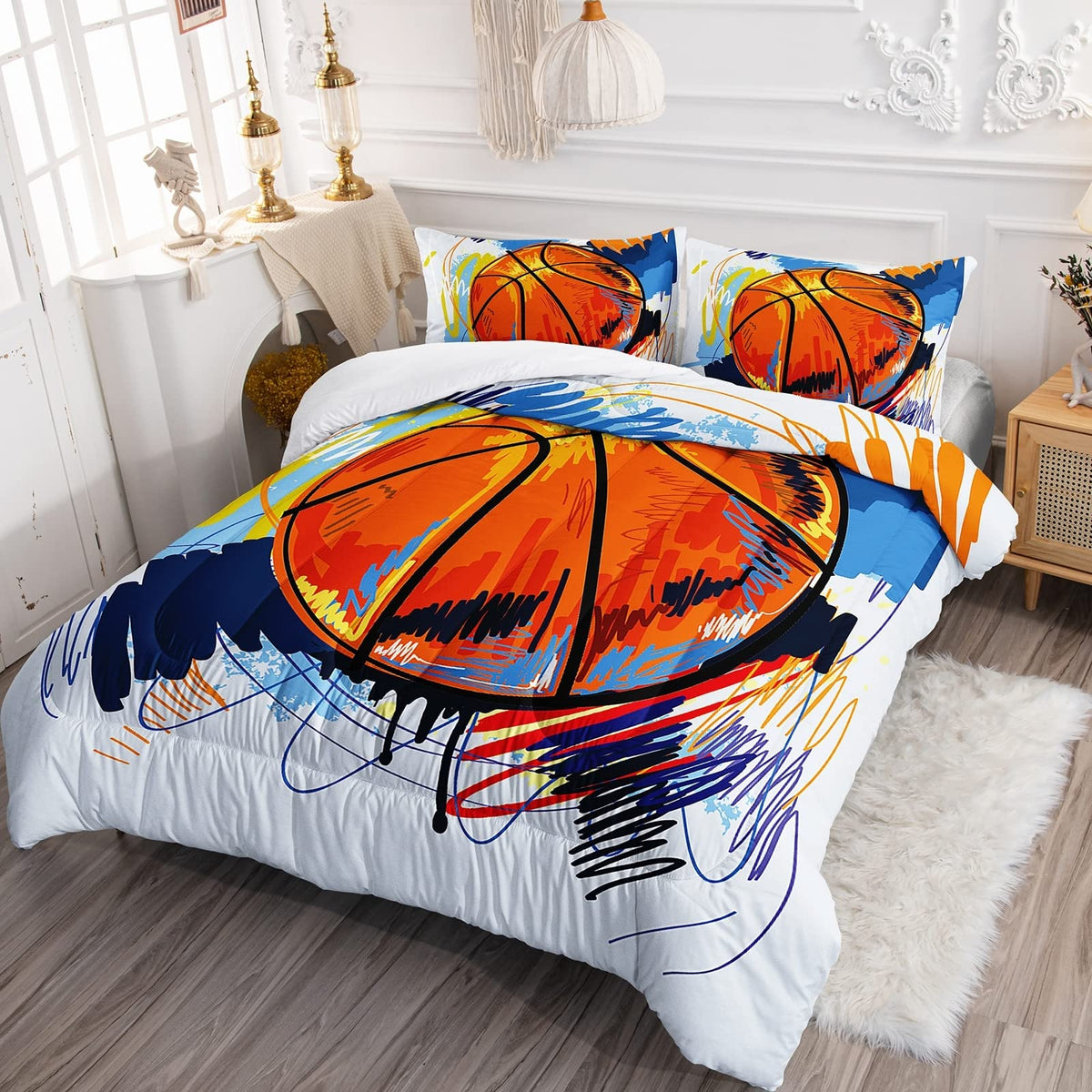 BSNTHO Basketball Comforter Set Boys Sports Bedding Set Twin Size for Kids Teens Hand Drawn Graffiti Style Comforter Design 3 Piece with 1 Comforter 2 Pillowcases
