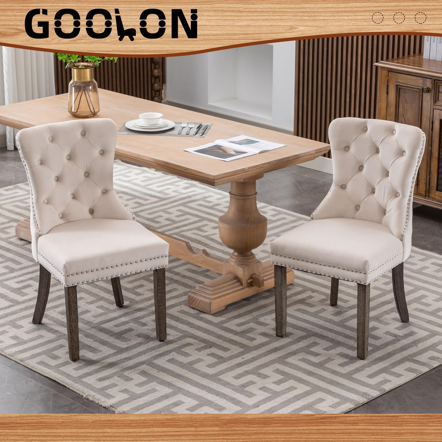 GOOLON Dining Room Chairs Set of 2, Velvet Button Tufted Dining Chairs with Rivet Trim Metal Pull Ring Wood Legs for Kitchen Restaurant Dining Room, Beige