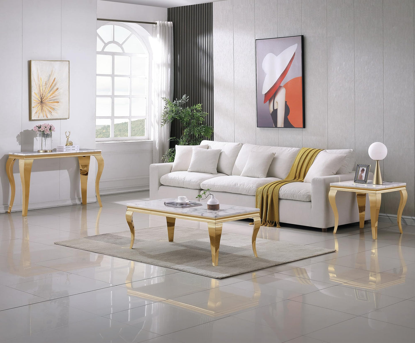 SSLine Modern 3 Piece Living Room Table Set, Includes 1 Coffee Table & 2 End Tables, Luxury Faux Marble Coffee End Table Set with S-Shape Stainless Steel Legs (White Marble& Gold3)