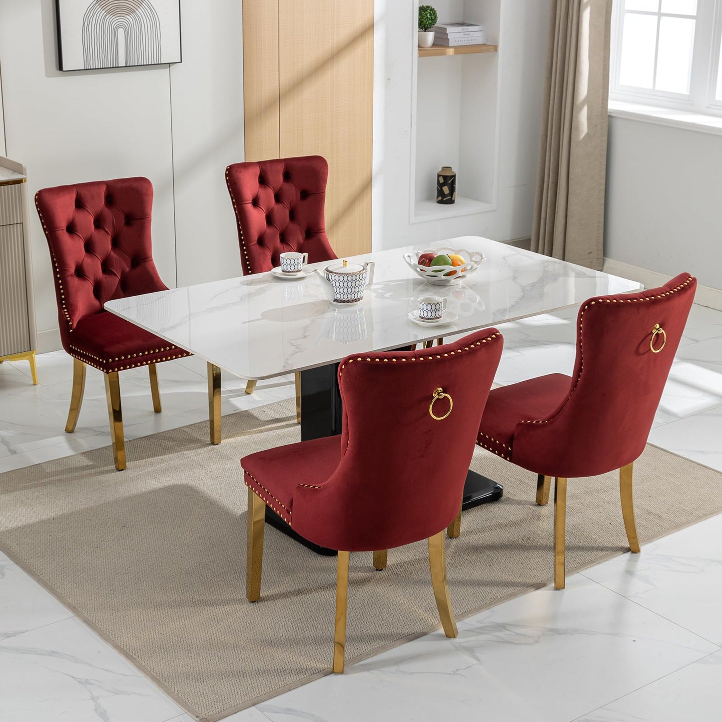 MZDOO Velvet Dining Chairs Set of 6, Tufted Upholstered Dining Room Chairs with Back Ring Pull, Nailhead Trim and Golden Legs, Modern Dinning Chairs for Dining Room, Kitchen(Wine Red)