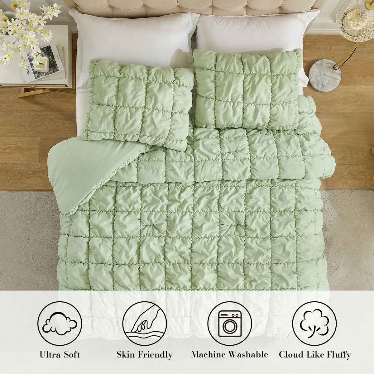Amélie Home Sage Green Comforter Set Queen, Bubble Lightweight Bed Set Queen Size for All Seasons, 3 Pieces, Bedding Set with Comforters and Pillow Cases