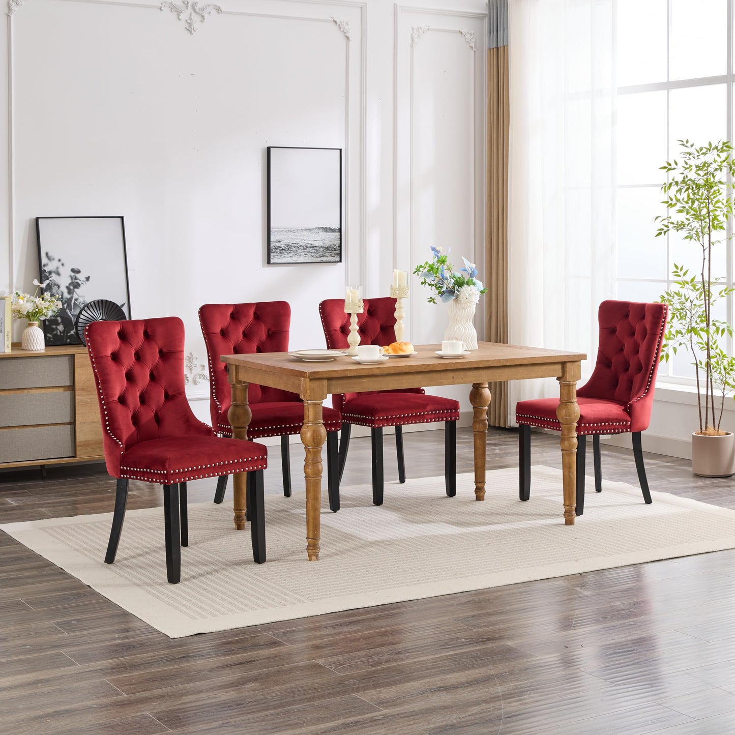 LKTART Dining Chairs Set of 6 Velvet Upholstered Tufted Back with Nailhead Trim and Back Ring Pull Solid Wood Legs for Kitchen Bedroom Dining Room Burgundy Red
