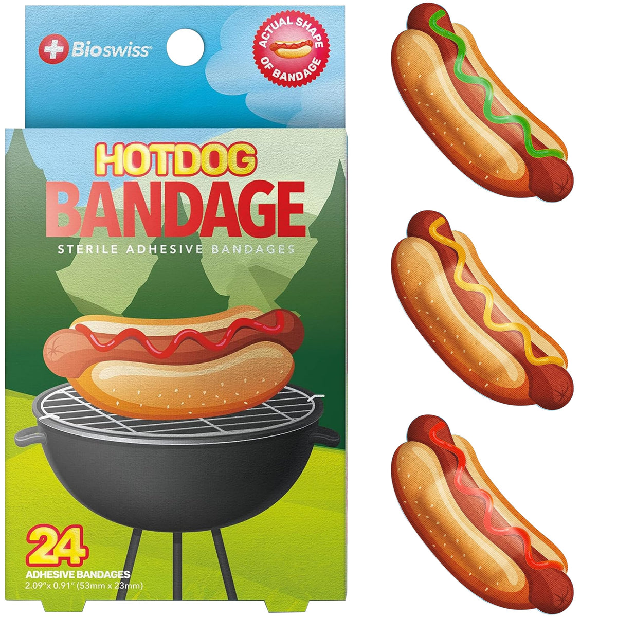 BioSwiss Bandages, Hot Dog Shaped Self Adhesive Bandages, Latex Free Sterile Wound Care, Fun First Aid Kit Supplies for Kids, 24 Count
