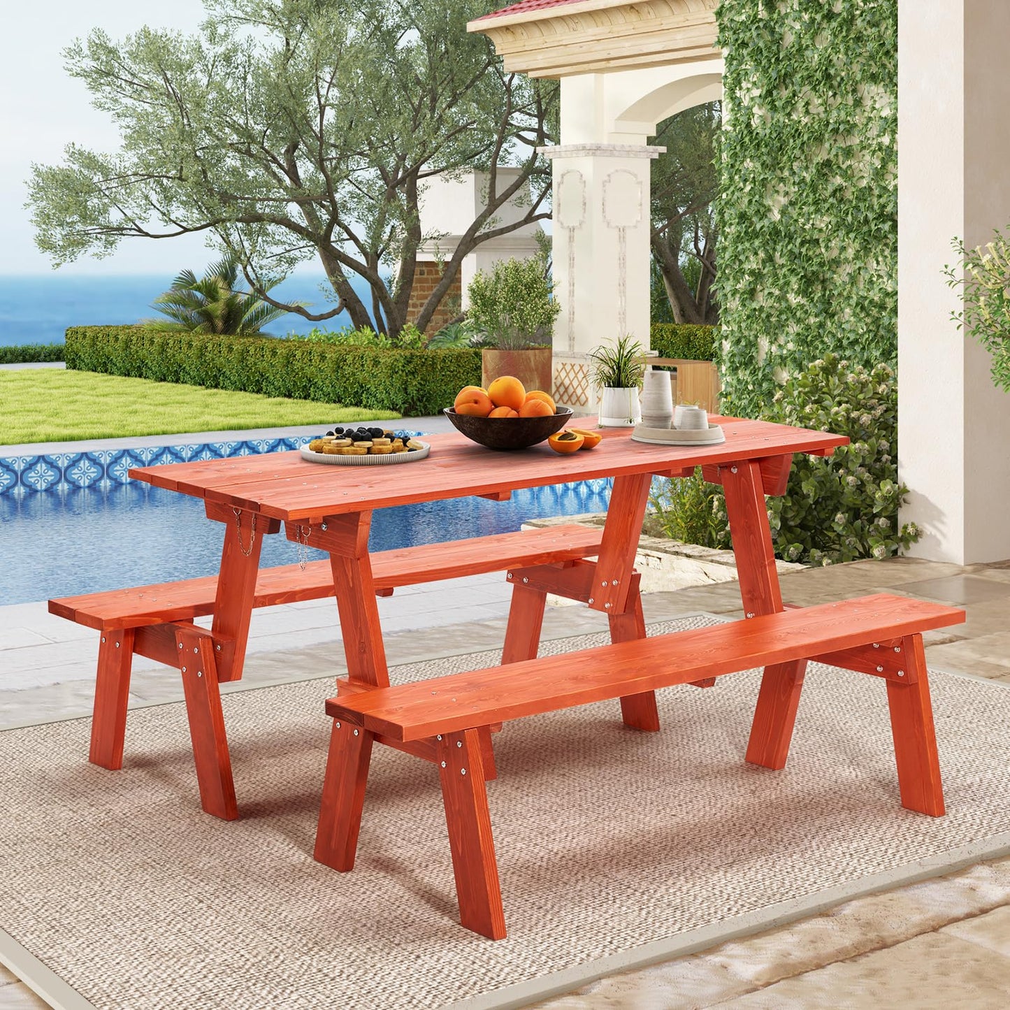 ECOTOUGE Wood Picnic Table Bench Set, All-Weather Patio 2-in-1 Convertible Dining Benches w/Heavy Duty Wooden Frame for 6-8 Adults, 5 Feet, Red