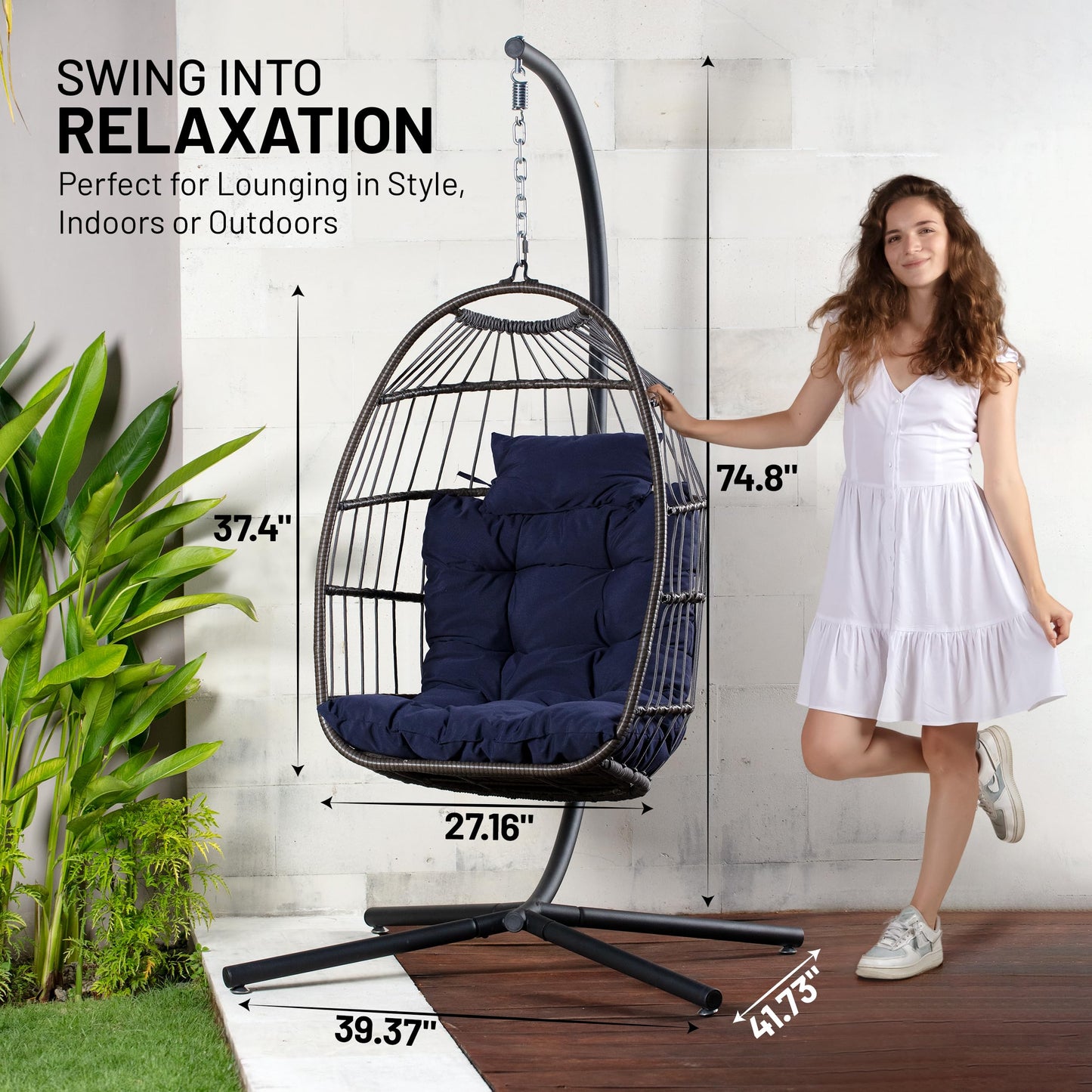 SereneLife Foldable Rattan Wicker Egg Chair Hanging Swing with Stand Waterproof Cushion and Headrest for Indoor Living Room Bedroom Patio Porch Balcony Garden Outdoor Use Deep Blue 350 lb Capacity