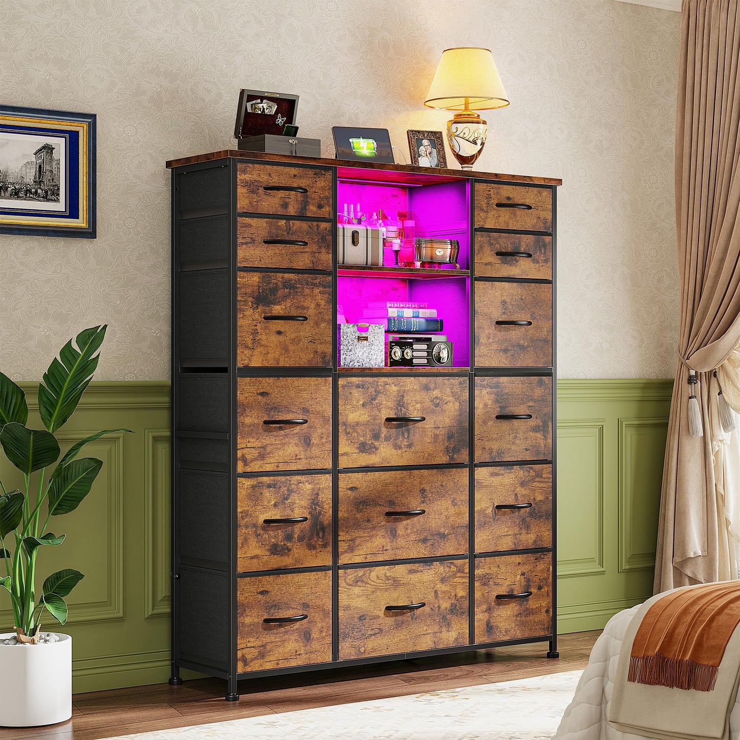 Romorgniz Tall Dresser for Bedroom with Charging Station and LED, Fabric Chests of Drawers with 15 Drawers and Extra 2 Open Shelves for Storage and Organization, for Closet, Hallway (Rustic Brown)