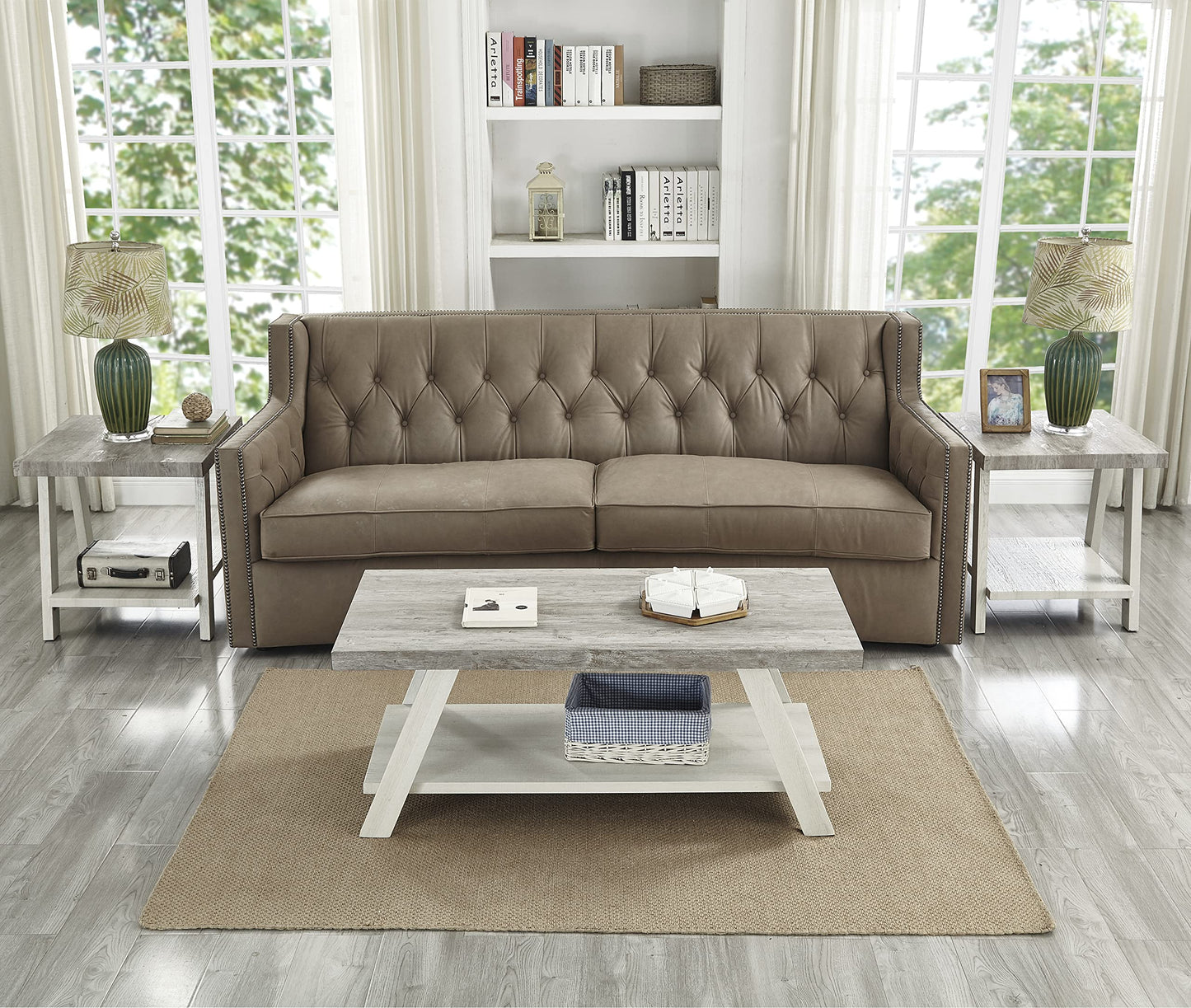 Roundhill Furniture Athens Contemporary 3-Piece Wood Shelf Coffee Table Set, Weathered Gray and Beige
