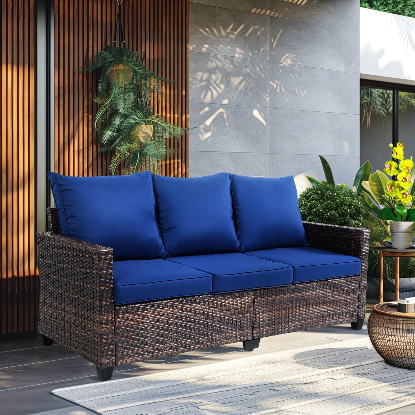 EortheX Outdoor Patio Sofa, 3-Seat Rattan Wicker Couch for Garden Deck or Porch, Comfortable All-Weather Patio Furniture with Anti-Slip Cushions (Blue)
