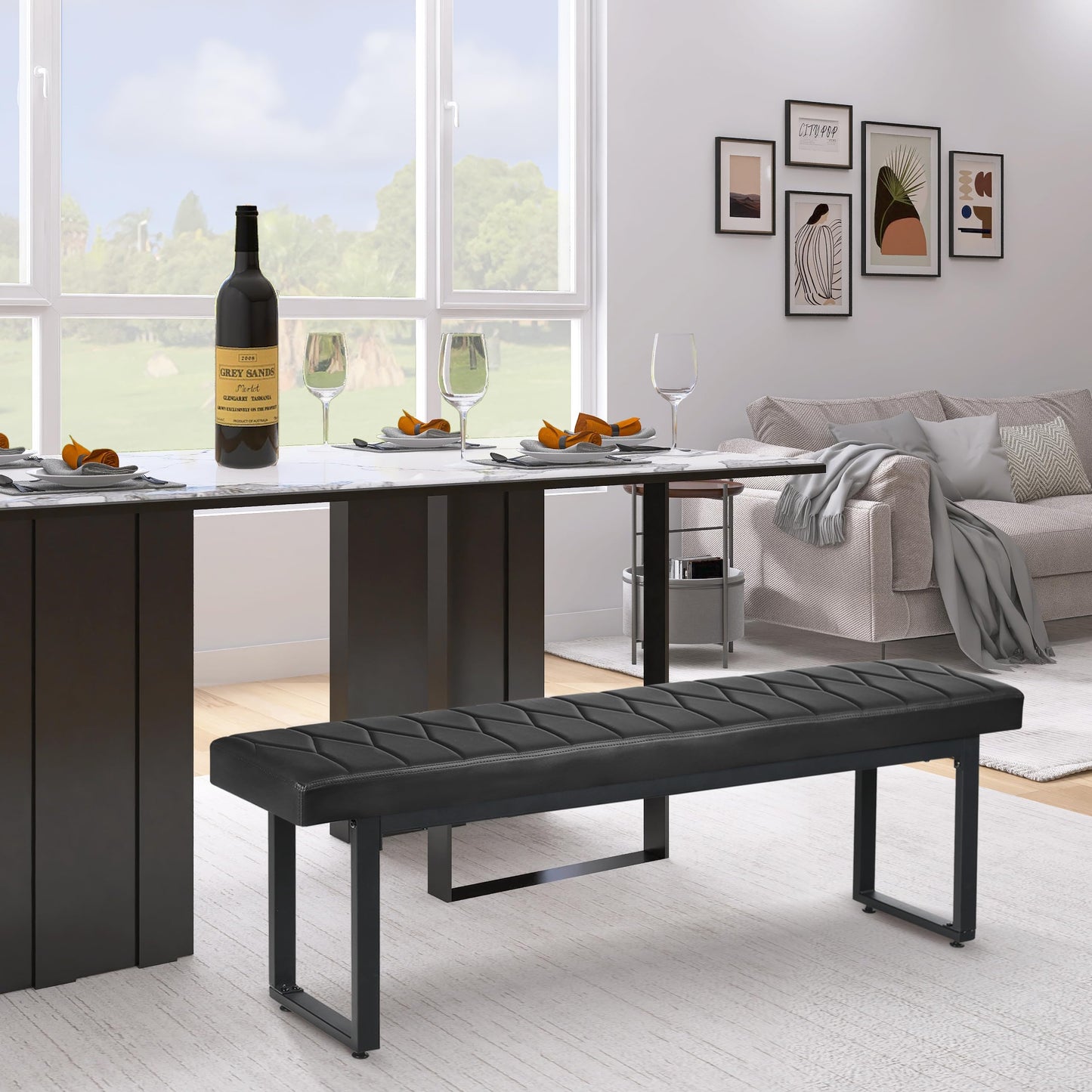 STHOUYN 58” Padded Dining Table Bench Pair of 2 for 6-8 Person, Faux Leather Indoor Cushioned Extra Long Bench for Dining Room Table, Bedside Shoe Entryway Benches (Black, 58")