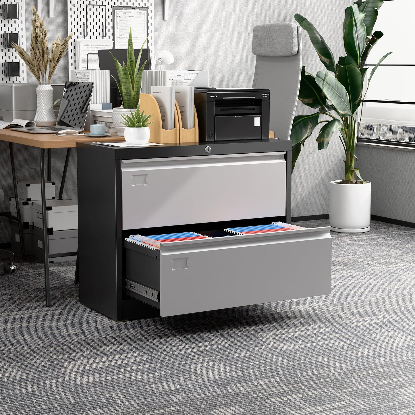 Aobabo Metal 2 Drawer Lateral File Cabinet with Lock, Large Deep Drawer with Adjustable File Bars for Office,Home, 34.5 Inches Wide for Letter/Legal Size, Black Grey, Assembly Required
