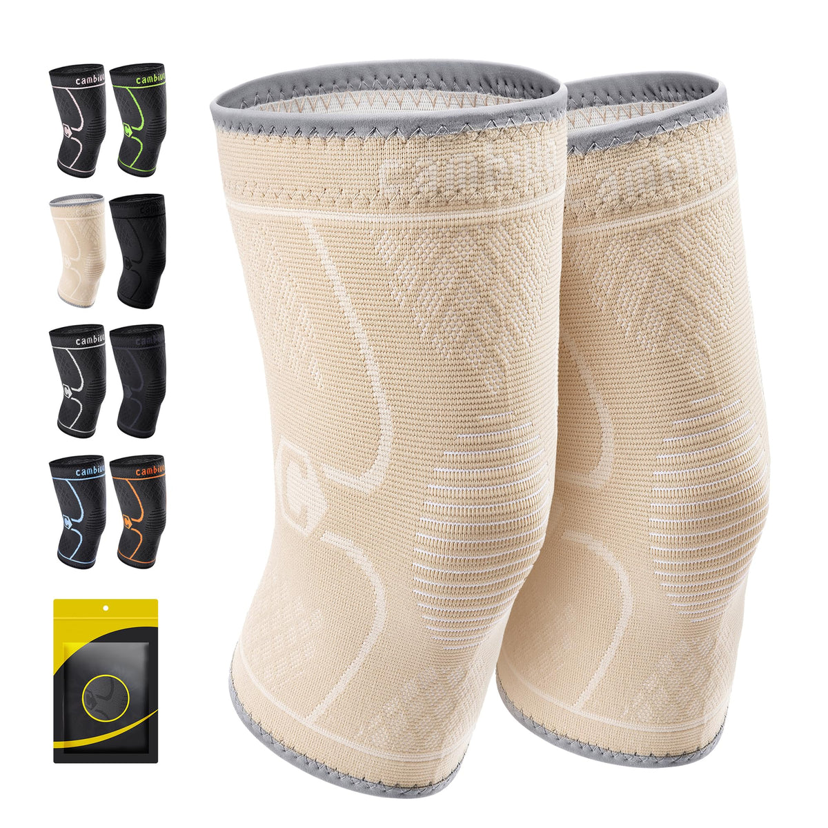 CAMBIVO 2 Pack Knee Brace, Knee Compression Sleeve for Men and Women, Knee Support for Running, Workout, Gym, Hiking, Sports (Beige,X-Large)
