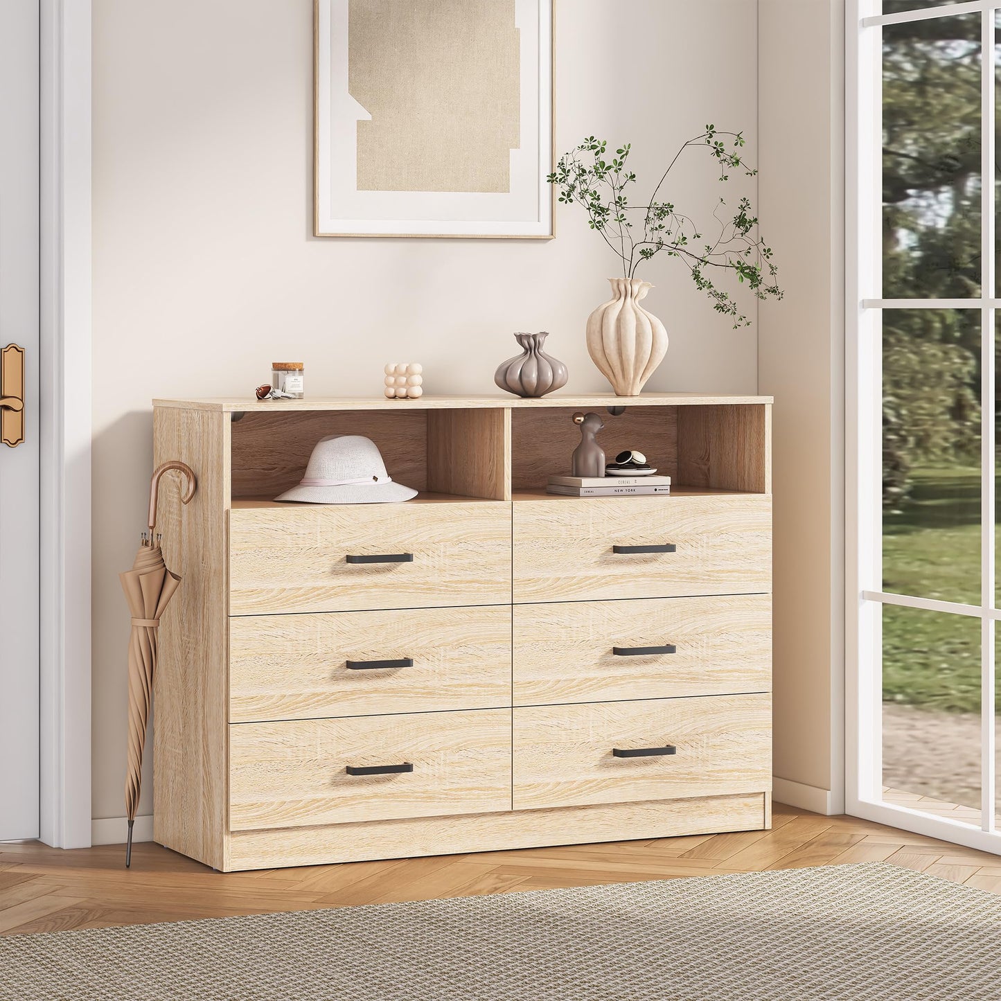 Bigbiglife 6 Drawers Dresser for Bedroom Wooden Drawer with Open Storage Cubby, Double Wide Dresser Organizer for Bedroom, Living Room, Entryway, Hallway (Light Oak)