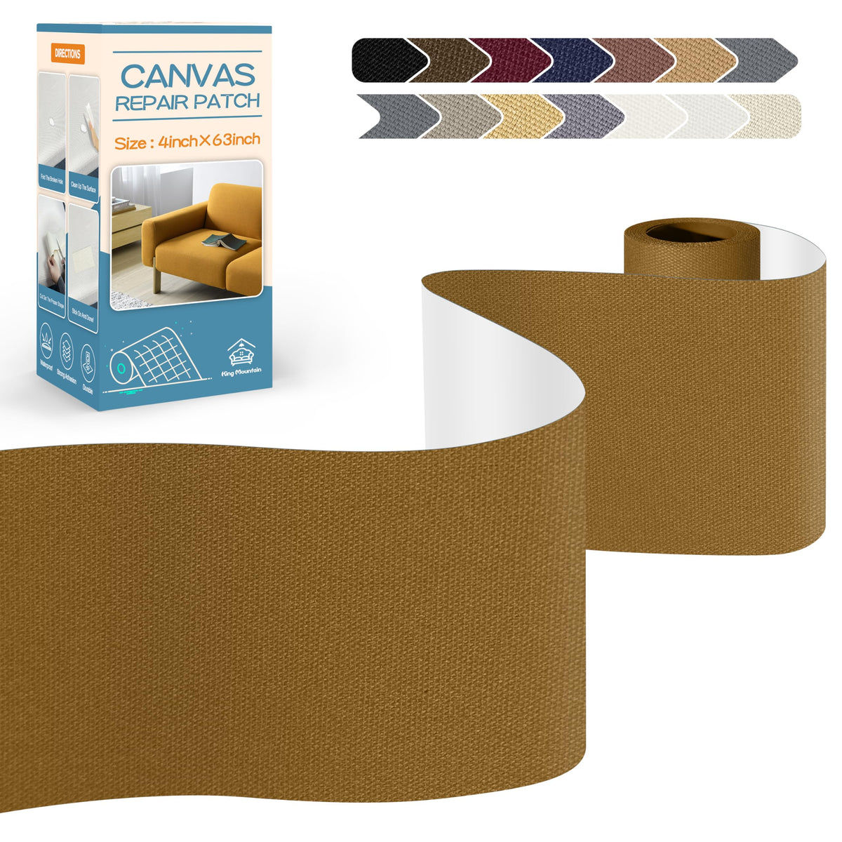 KING MOUNTAIN Canvas Repair Tape,Outdoor Gear Patch, 4×63 Inches,Waterproof,Self-Adhesive for Repairing Boat Covers,Sun Shades,Sofas,Tents,Lounge Chairs,Awnings (Yellow Brown)