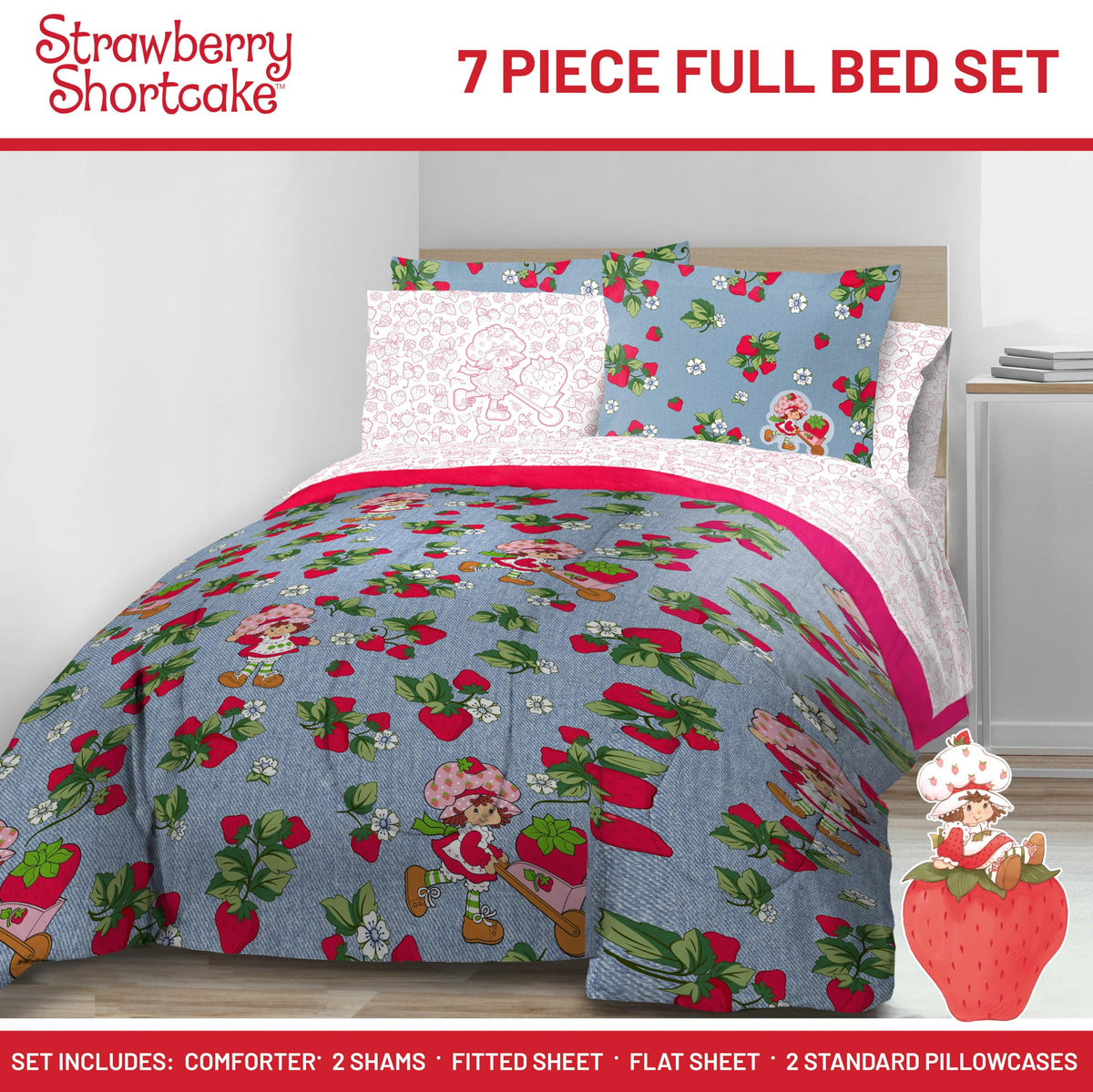 Jay Franco Kids Comforter Set Includes Sheets and Pillow Covers - Soft and Cozy Bed Set for Stylish Room Decor, Blue - Strawberry Shortcake, 7 Piece Full Size Bedding