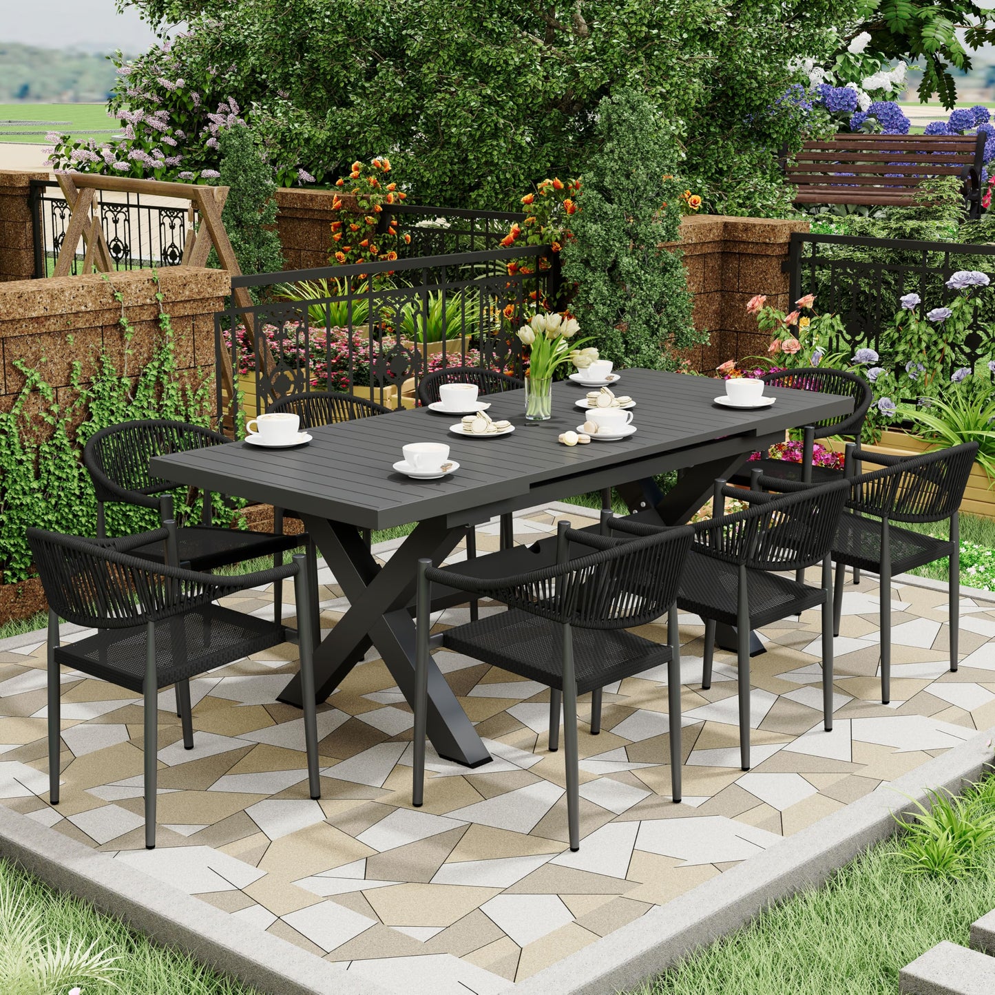 Erotr 4 Pcs Stackable Patio Dining Chairs, Aluminum Rattan Outdoor Dining Chair with Arms, Woven Rope Garden Armchair Metal No Assembly for Bistro Balcony Porch Deck Yard Cafe Restaurant, Black
