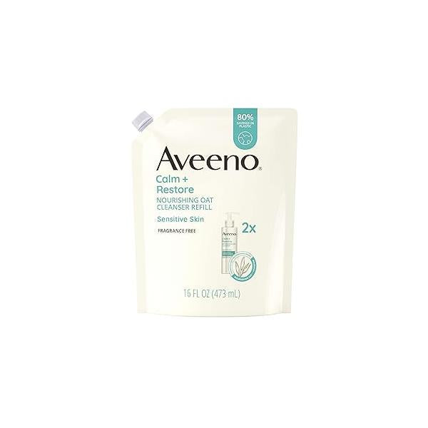 Aveeno Calm + Restore Nourishing Oat Facial Cleanser for Sensitive Skin, Gentle Face Wash with & Calming Feverfew, Hypoallergenic, Fragrance-Free, Refill Pouch, 16 fl. oz