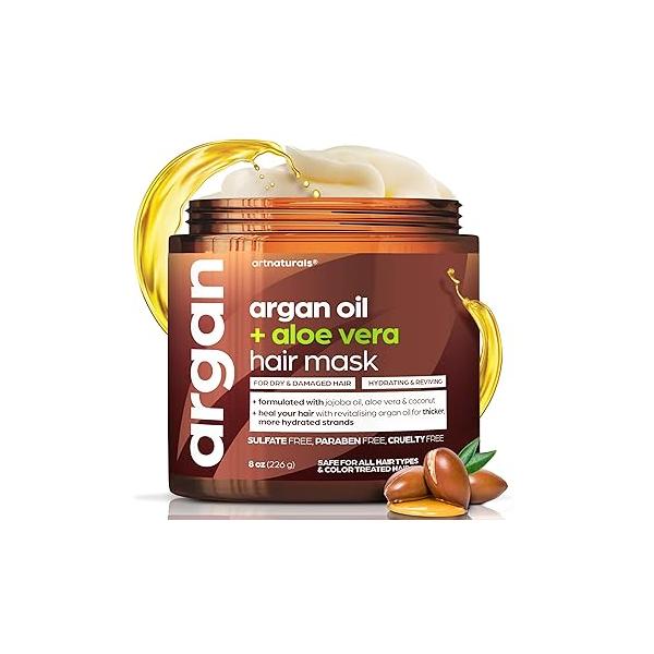 Artnaturals Argan Hair Mask Conditioner - (8 Oz/226g) Deep Conditioning Treatment Organic Jojoba Oil, Aloe Vera & Keratin Repair Dry, Damaged, Color Treated, Natural Growth Sulfate Free