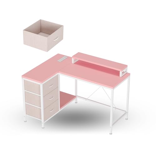 L Shaped Computer Desk with Power Outlets LED Lights Drawers Shelves Corner Gaming Desk Home Office Workstation Modern Ergonomic Design